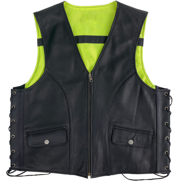 Hunt Club Mens Reversible Leather Motorcycle Style Biker Concealed Carry Leather Safety Vest