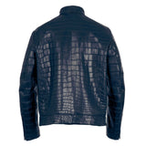 Hunt Club Men's Real Crocodile Embossed Blue Leather Biker Jacket Concealed Carry