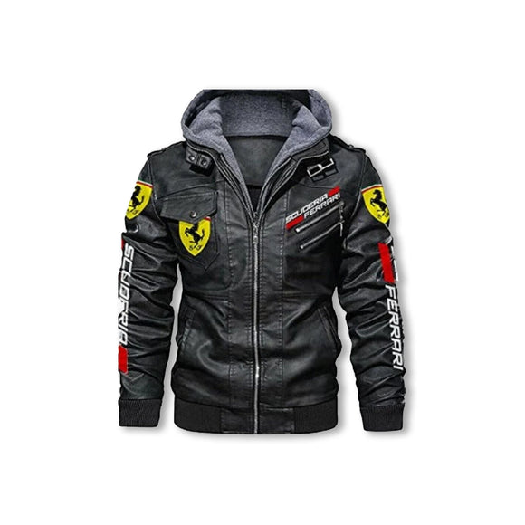 Ferrari Men's Motorcycle Hooded Leather Biker Jacket Concealed Carry