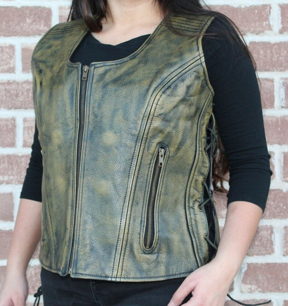 Ladies Braided Side Laces Motorcycle Brown Leather Concealed Carry Vest