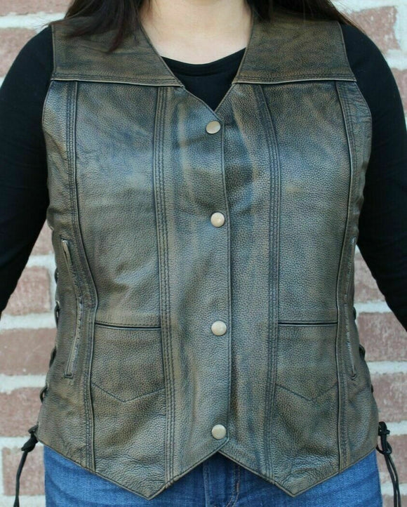 Ladies 10 Pocket Distressed Brown Motorcycle Leather Vest