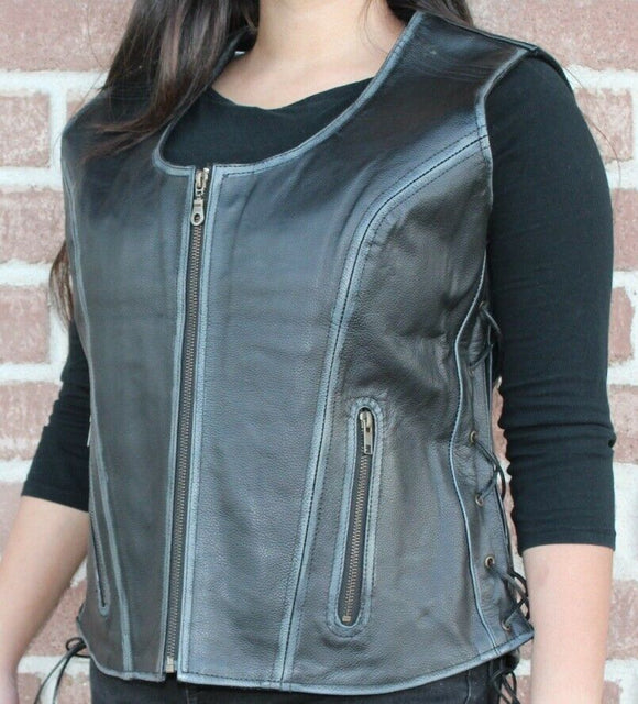 Ladies Braided Side Laces Motorcycle Soft Black Leather Concealed Carry Vest