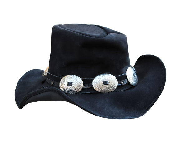 Men Concho And Buckles Black Genuine Leather Western Cowboy hat