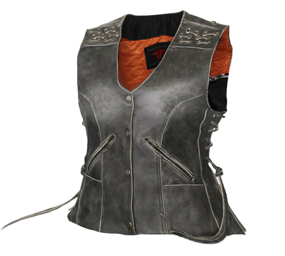 Ladies Distressed Braided Side Laces Motorcycle Leather Concealed Carry Vest