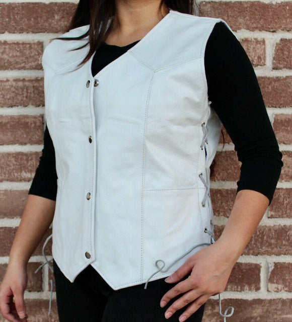Ladies Braided Side Laces Motorcycle White Leather Concealed Carry Vest