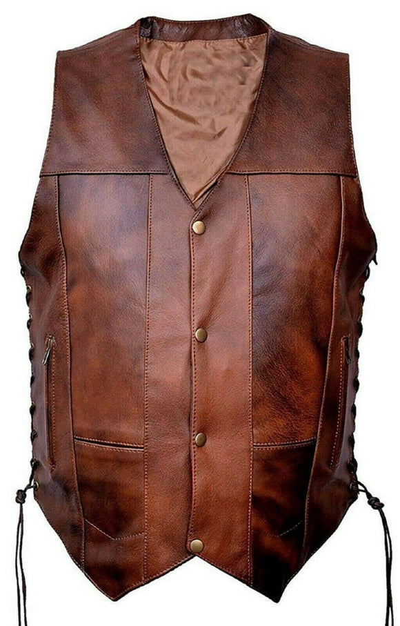 Men 10 pocket Side Lace Vintage Brown Motorcycle Biker Conceal Carry Leather Vest