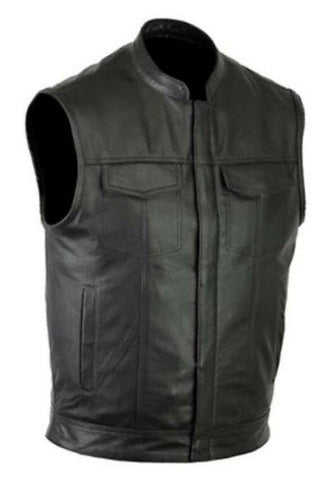 Mens Motorcycle Leather Club Vest Solid Black Concealed Carry Pockets