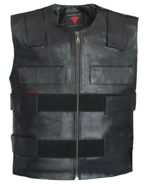 Mens Bullet Proof Tactical Style Motorcycle Concealed Carry Leather Vest