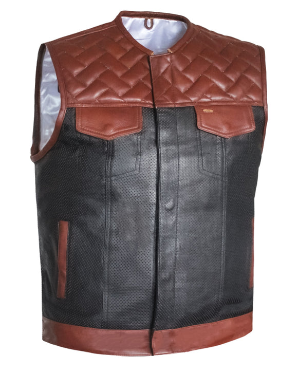 Mens Perforated Club Style Brick Pattern Motorcycle Conceal Carry Leather Vest