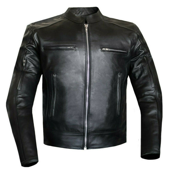 Mens Black Leather Biker Style Motorcycle Concealed Carry Jacket