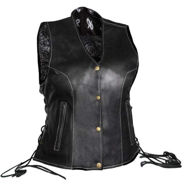 Ladies Side Laced Paisley Black Motorcycle Biker Leather Concealed Carry Vest