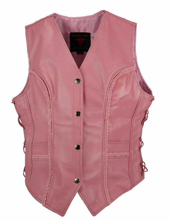 Ladies Braided Side Laces Motorcycle Soft Pink Leather Concealed Carry Vest