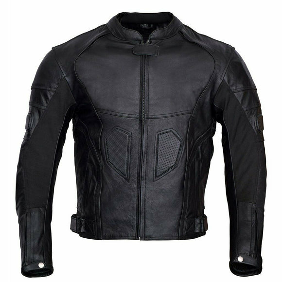 Mens Classic Black Perforated Leather Biker Style Motorcycle Jacket Zipout liner