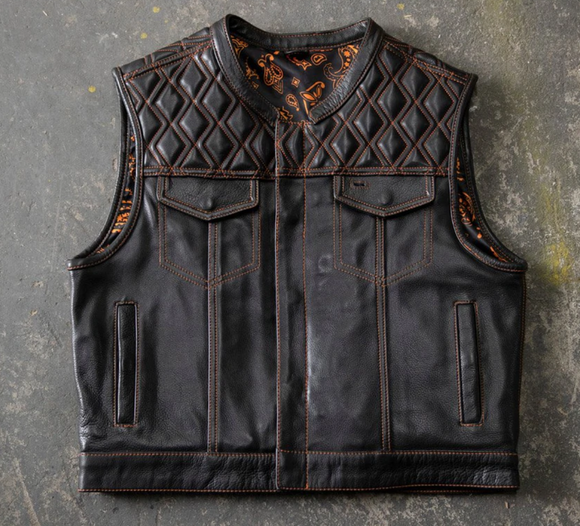 Hunt Club- Men's Custom Motorcycle Leather Club Biker Style Paisley Liner Leather Vest Concealed Carry Pockets