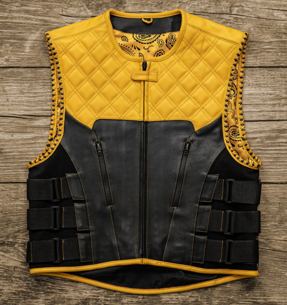 Hunt Club Men's Paisley Tactical Swat Style Yellow Motorcycle Leather Vest Concealed Carry