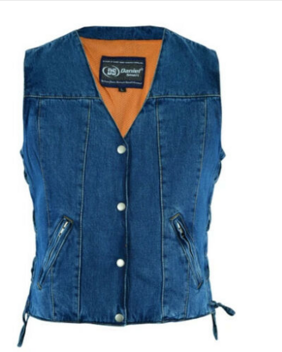 Women’s Blue Denim Motorcycle Side Lace Club Vest with Concealed Carry Pockets