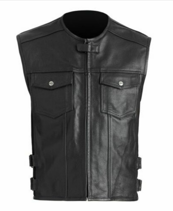 Men's Leather Biker Style Tactical Swat Style Motorcycle Vest Concealed Carry