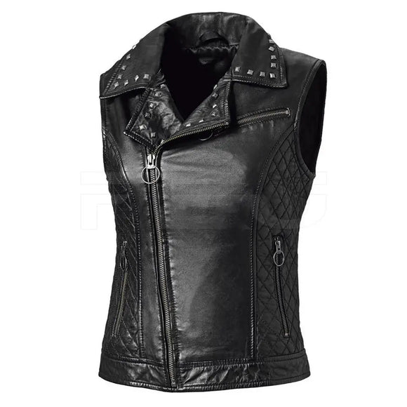 Ladies Classic Style Studded Zippered Motorcycle Leather Concealed Carry Vest