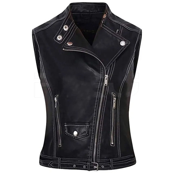 Ladies Studded Classic Style Zippered Motorcycle Leather Concealed Carry Vest