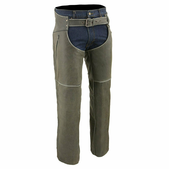 MEN RIDING DISTRESSED GREY MOTORCYCLE LEATHER CHAPS