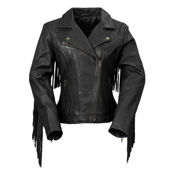 Ladies Fringes Motorcycle Black Leather Jacket Concealed Carry