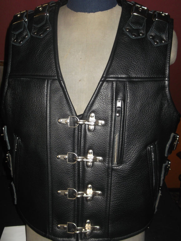 Men's Buckles Heavy Cowhide Leather 1.3mm Vintage Distressed Motorcycle Biker Concealed Carry Leather Vest