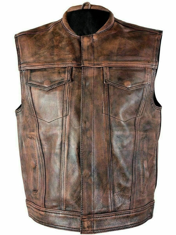 Men Club Style Vintage Distressed Brown Low Collared Motorcycle Biker Concealed Carry Leather Vest