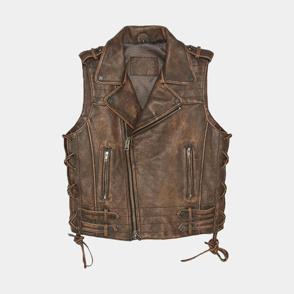 Men's Vintage Laces Distressed Brown Biker Motorcycle Concealed Carry Leather Vest