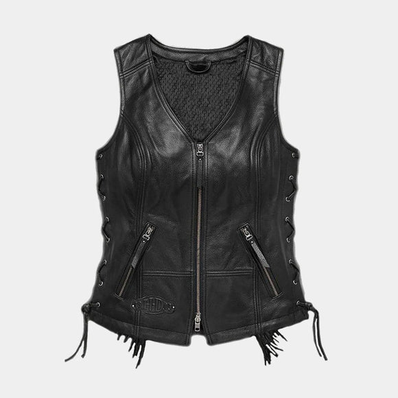 Ladies Braided Side Laces Motorcycle Biker Black Leather Concealed Carry Vest