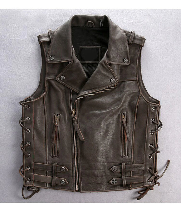 Men's Side Laces Distressed Brown Classic Biker Motorcycle Concealed Carry Leather Vest