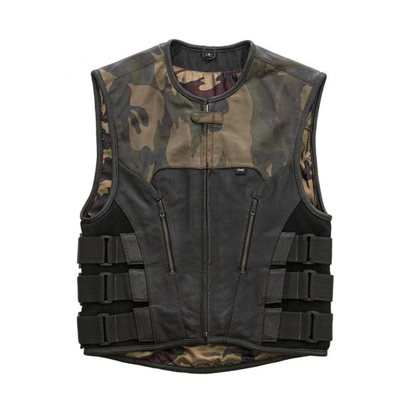 Men's Hunt Club Leather Tactical Swat Style Camo Liner Motorcycle Vest Concealed Carry