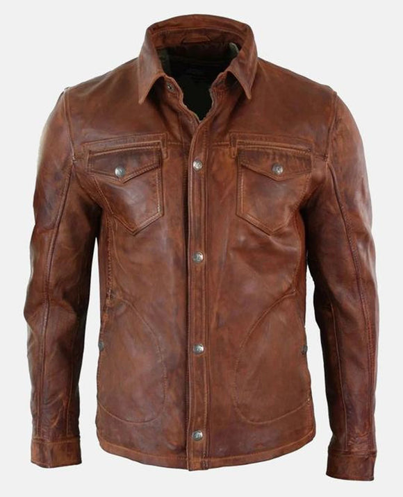 Mens Motorcycle Brown Leather Shirt Concealed Carry