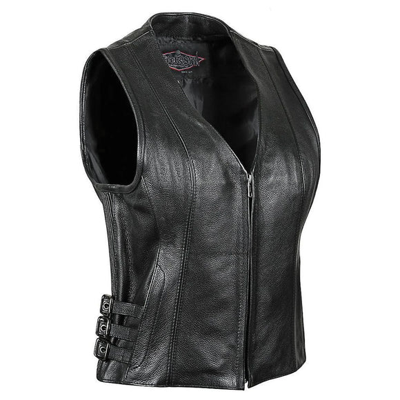 Ladies Buckle Zippered Motorcycle Leather Concealed Carry Vest
