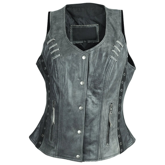 Ladies Distressed Gray Braided Side Laces Motorcycle Leather Concealed Carry Vest