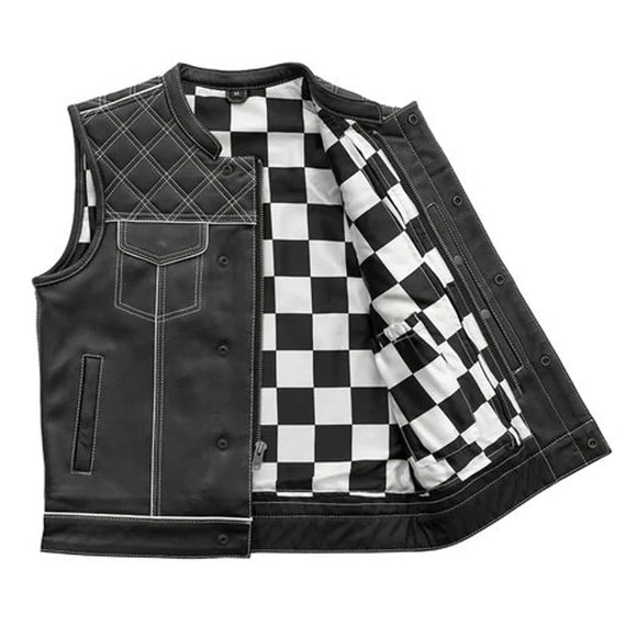 Hunt Club Style Diamond Stitched Braided Black Checker Men's Club Motorcycle Concealed Carry Leather Vest