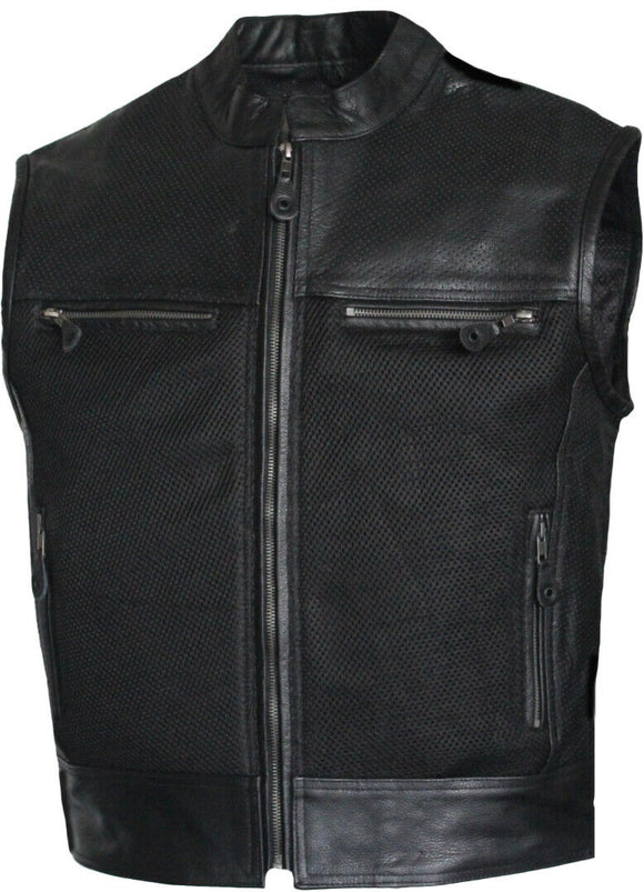 Mens Perforated Leather and Mesh Biker Style Motorcycle Concealed Carry Vest
