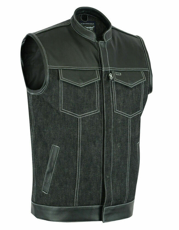 Men's Motorcycle Denim And Leather White Stitching Vest W/ inside Gun Pockets
