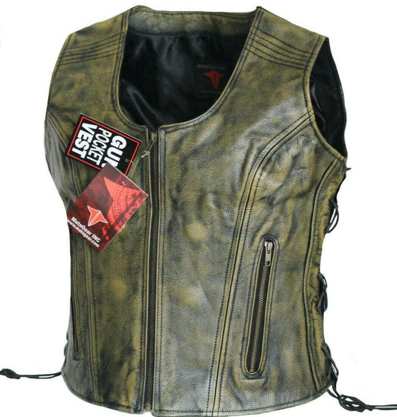 Ladies Side Laces Motorcycle Distressed Brown Leather Concealed Carry Vest