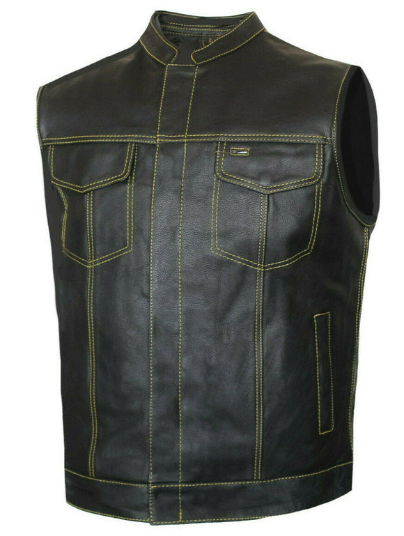 Mens Yellow Stitch Club Bike Style Motorcycle Solid Leather Vest Concealed Carry