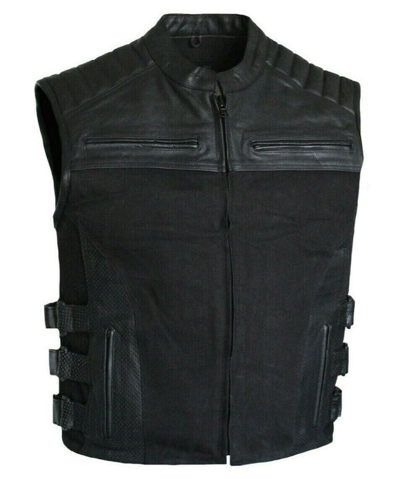 Men's Leather and Denim Tactical Swat Style Motorcycle Vest Concealed Carry