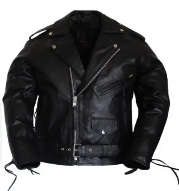 Mens Motorcycle Classic Side Lace Police Style Cowhide Motorcycle Leather Jacket
